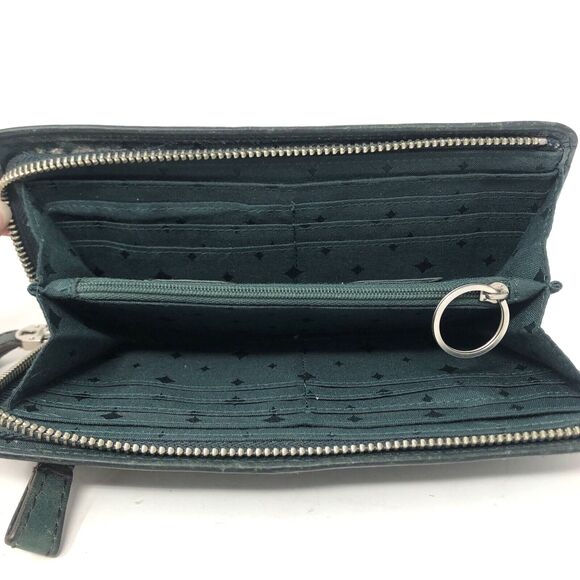 FOSSIL Marlow Pebbled Leather Zip Around Wallet Green w/Silver Key Hole Logo - Picture 8 of 13